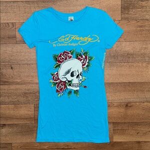 Ed Hardy Size Medium Sky Blue Short Sleeve T Shirt Y2K Skull Rose Tattoo Design
